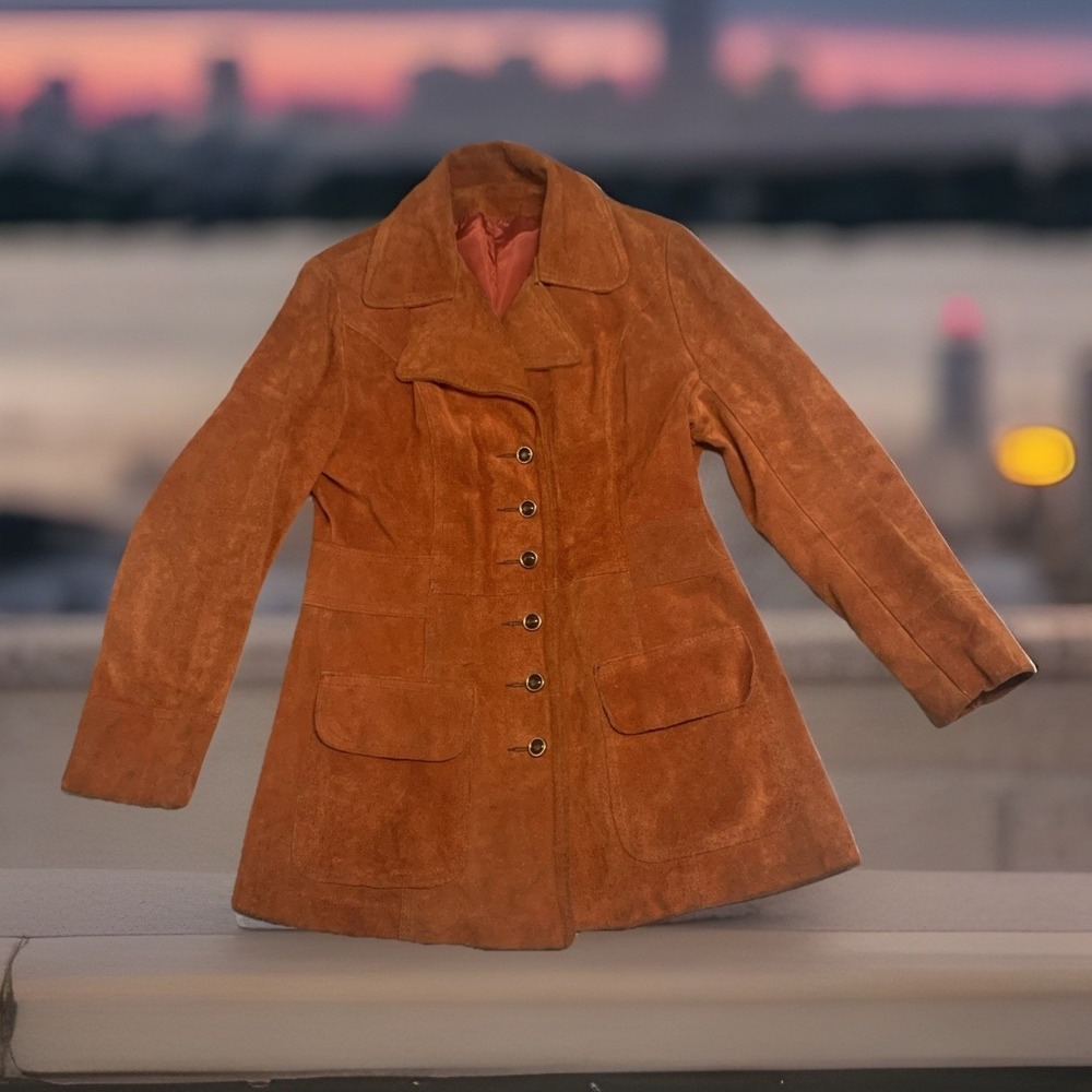 VTG 60s Suede Leather Jacket Coral Orange Tailored Slim Fit Notched Collar‎ Boho